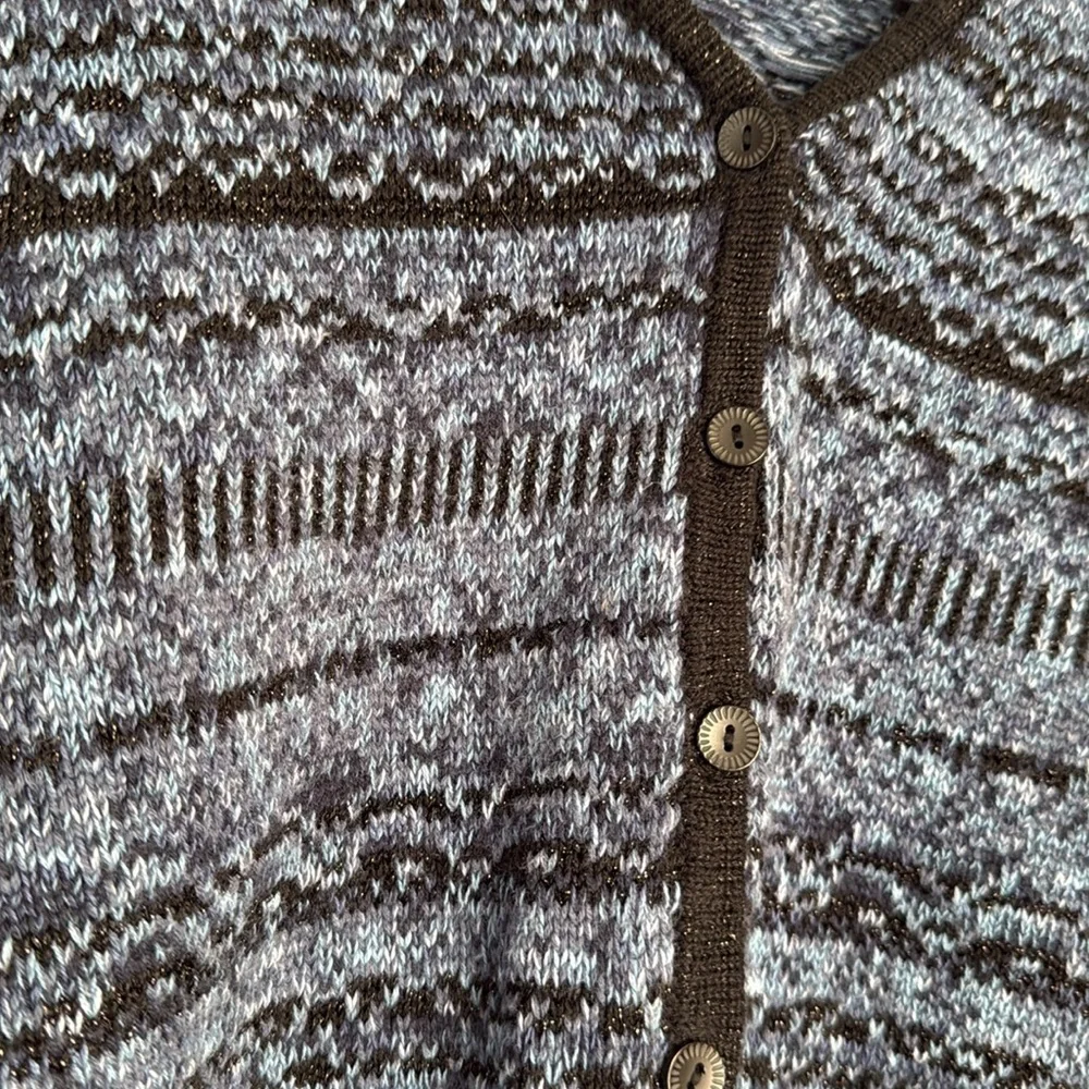 Vintage LizWear Blue and Black Patterned Women's Sweater medium cropped cardigan